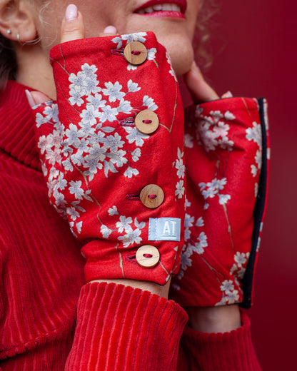 Mitaines Japon motif fleurs de cerisier rouge