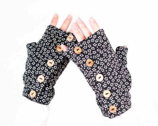 MITAINES Japon boutons  Fleurette noir