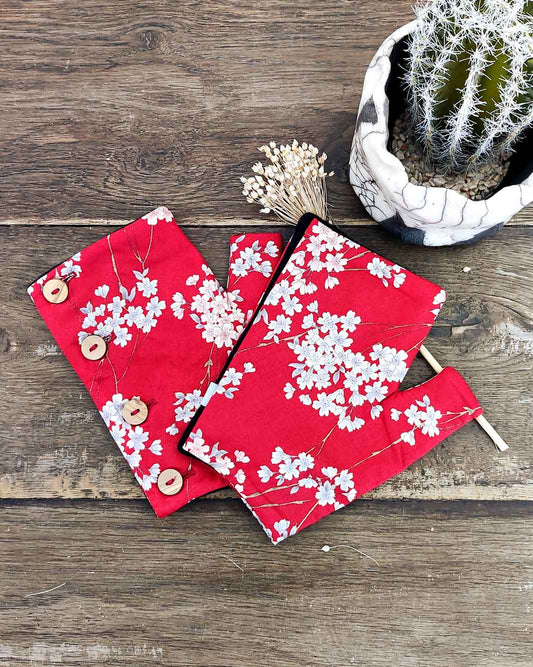 Mitaines Japon motif fleurs de cerisier rouge