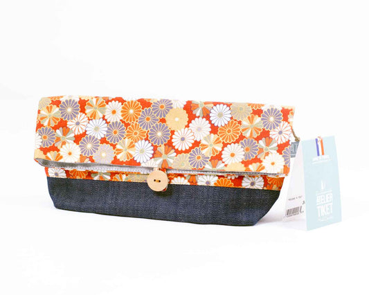 Trousse à tout denim-fleurs orangés